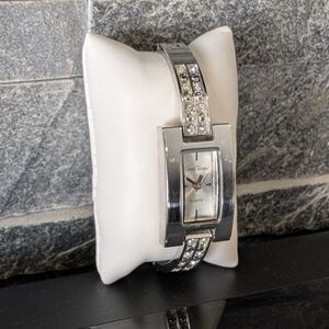 Vintage Good Times Silver Rhinestone Quartz Watch Womens Slim Link Rectangular